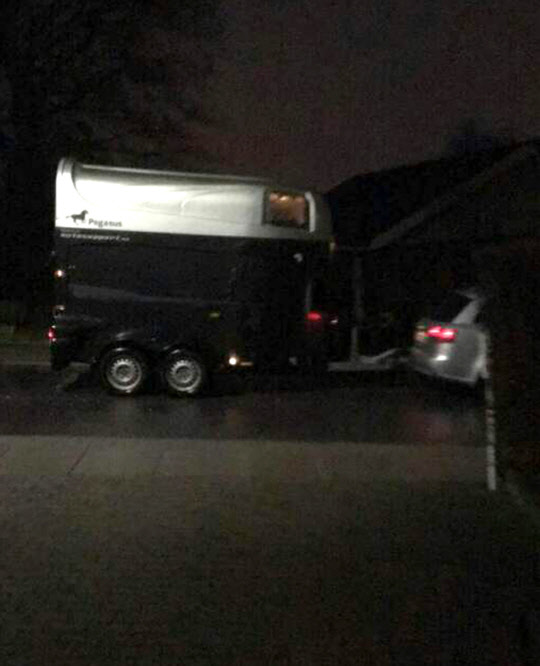 덴마크에 구금돼 있는 정유라씨와 덴마크 올보르시 외곽에서 함께 생활하던 19개월된 정 씨의 아들과 유모, 남성 2명 등이  10일(현지시간)  자택에서 종적을 감췄다. 연합뉴스 취재진이  이날 올보르시 외곽 정씨의 자택을 찾았을 때 자택에는 아무런 인기척을 찾아볼 수 없었다. 인근 주민들은 이들이 어디론가 떠나갔다고 밝혔다. 사진은 10일 새벽 이른 시간에 동물을 실어 나르는 차량이 와 개와 고양이도 모두 실어 어디론가 출발하고 있는 모습.